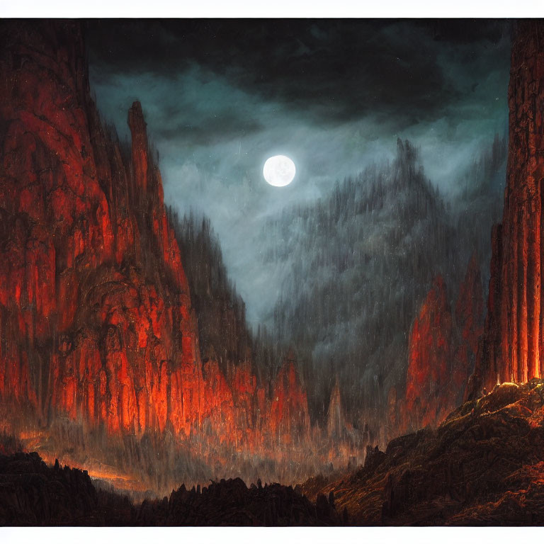 Dramatic full moon over fiery red cliffs at night