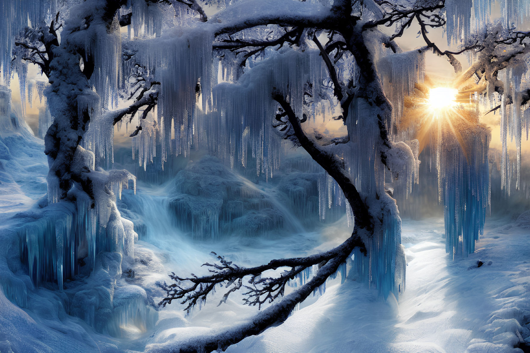 Sunlit Winter Wonderland: Icy Trees and Frozen Terrain