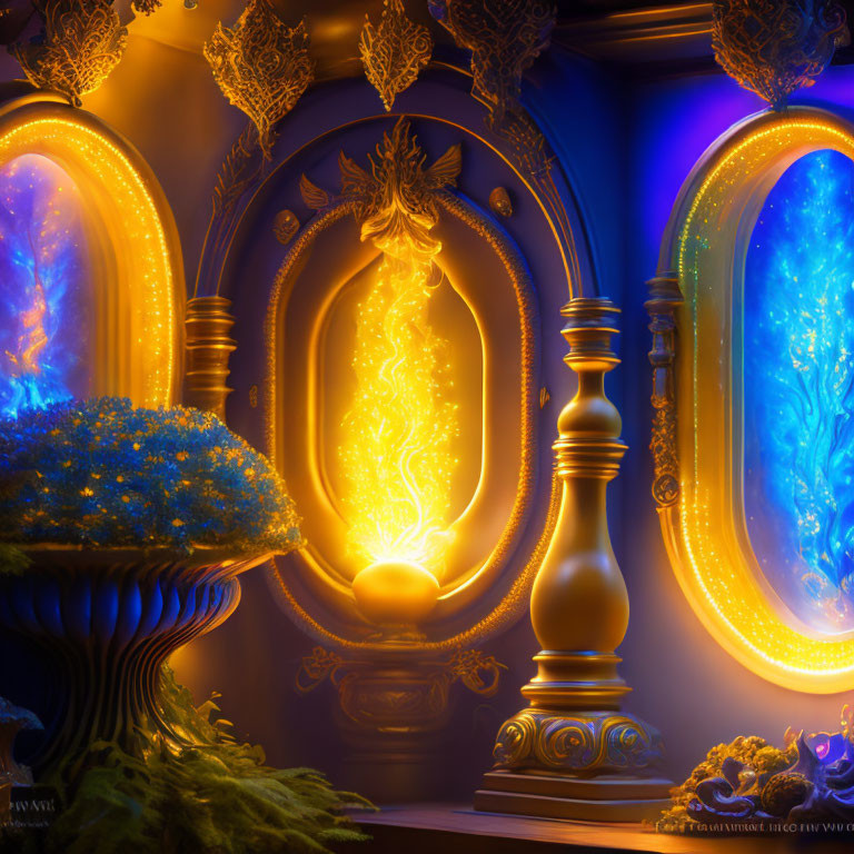 Fantasy-themed room with golden decorations, magical portals, and blue flowers