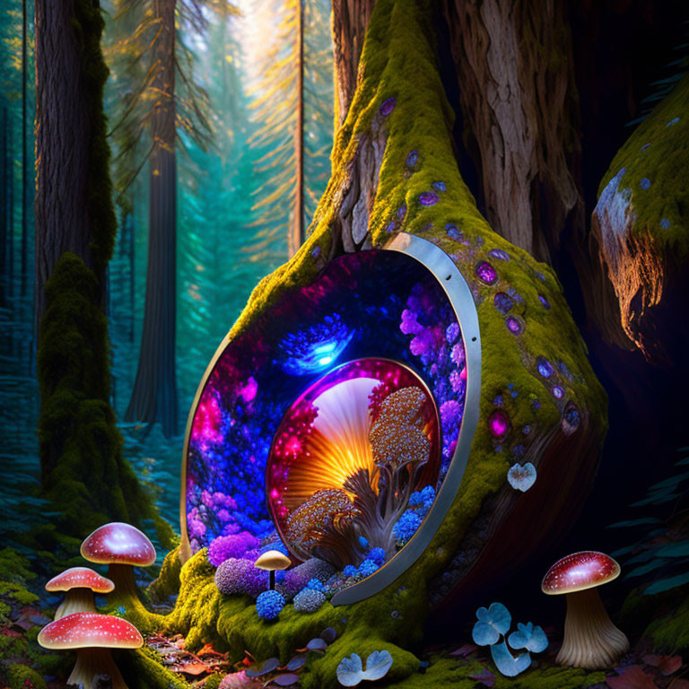 Enchanting forest scene with mystical door, glowing mushrooms, colorful plants