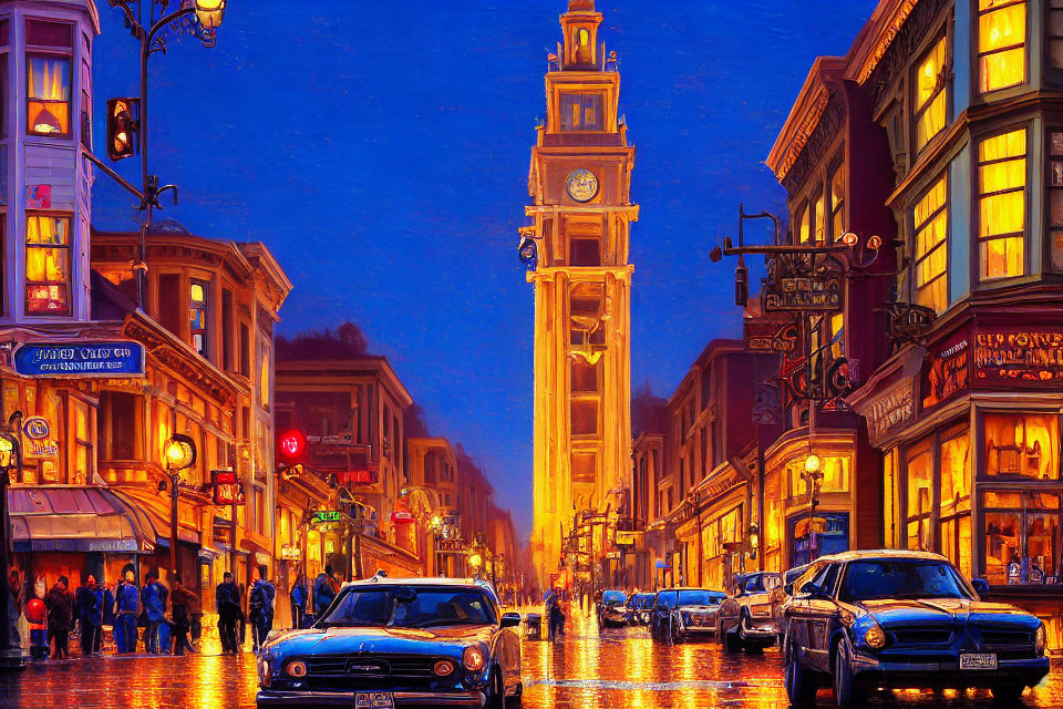 Twilight city street with illuminated buildings, clock tower, cars, and pedestrians