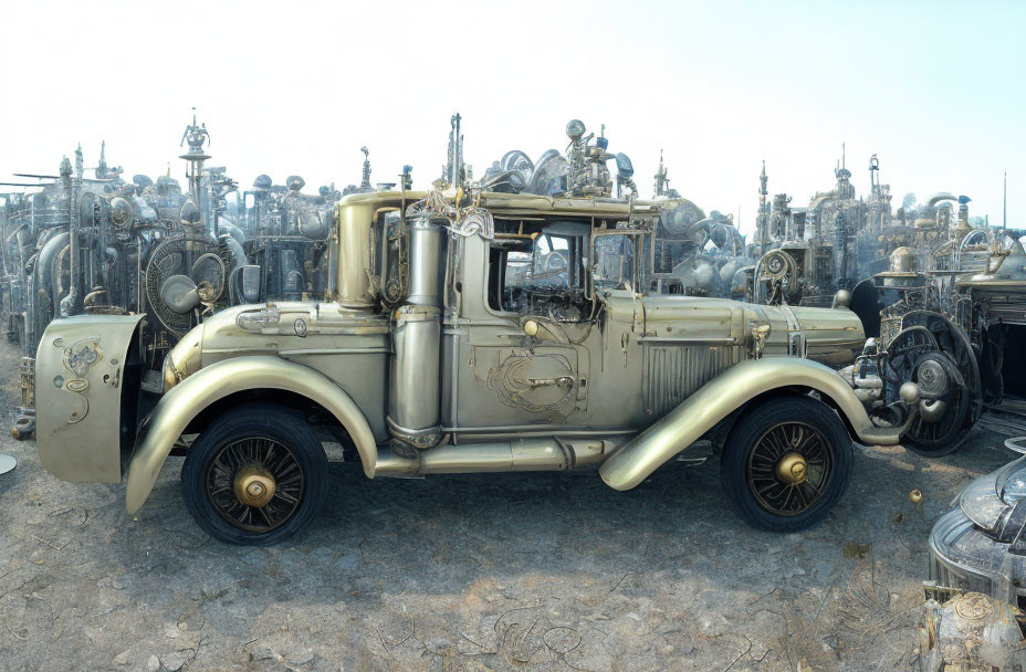 Vintage Car with Intricate Metalwork in Futuristic Setting