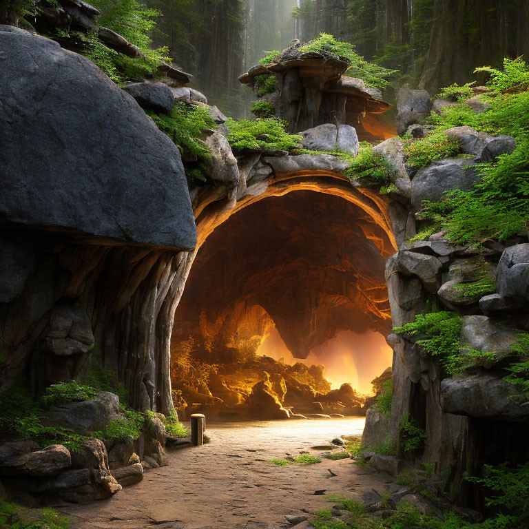 Mystical forest scene with rock archway and lush greenery