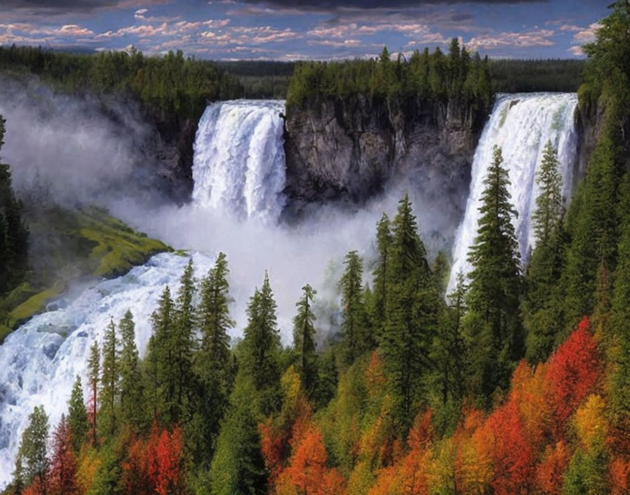 Twin waterfalls in lush autumn forest with rising mist