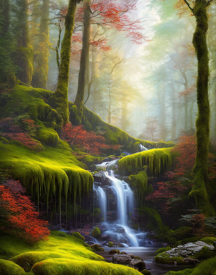 Tranquil forest scene: misty waterfall, mossy trees, autumn leaves