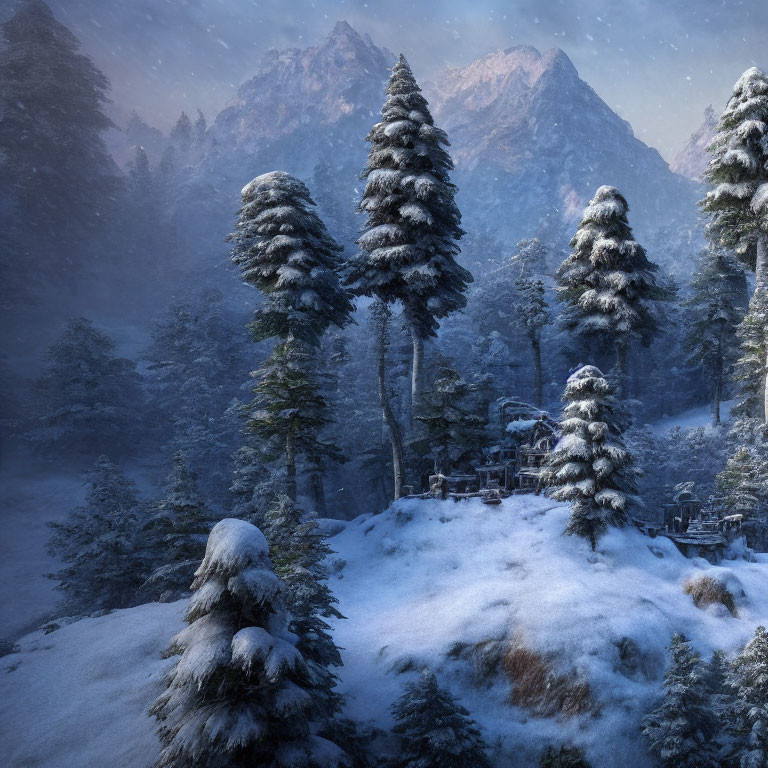 Serene wintry mountain landscape with snow-covered pine trees