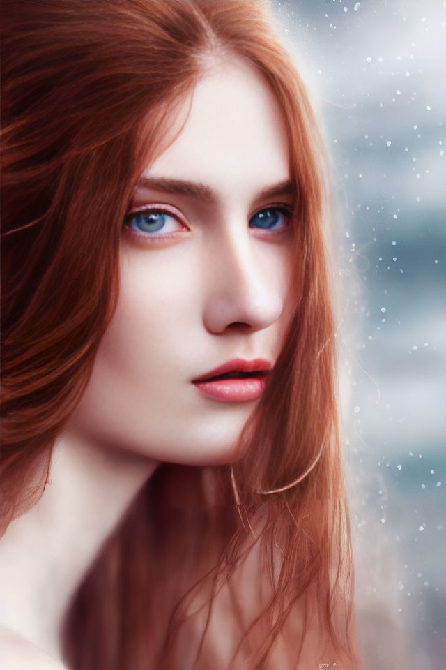 Portrait of Woman with Blue Eyes and Red Hair in Snowy Setting