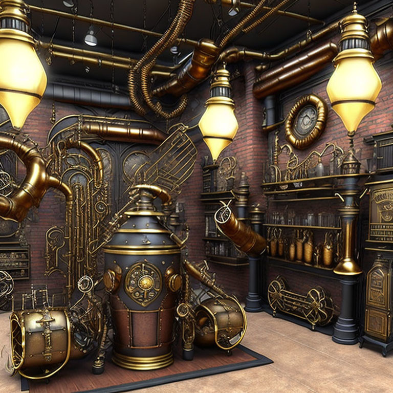 Steampunk-themed room with brass pipes, gears, vintage lighting, and a large metallic camera machine