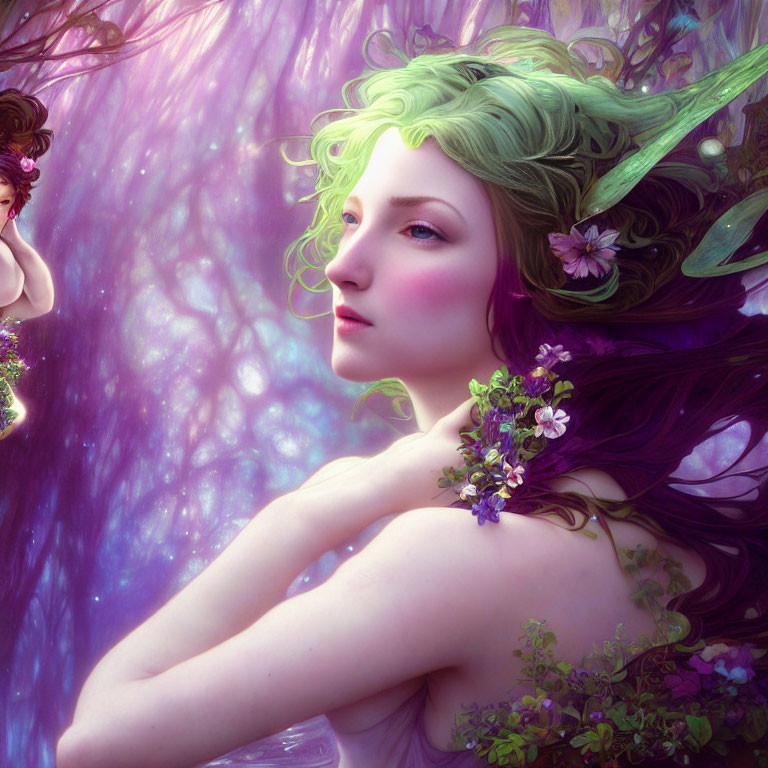 Fantasy Image of Woman with Green Hair in Purple Forest