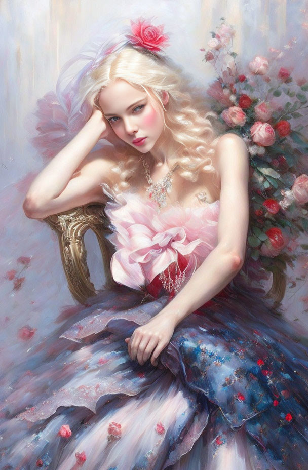 Blonde woman in pink and blue gown with flowers, sitting beside roses