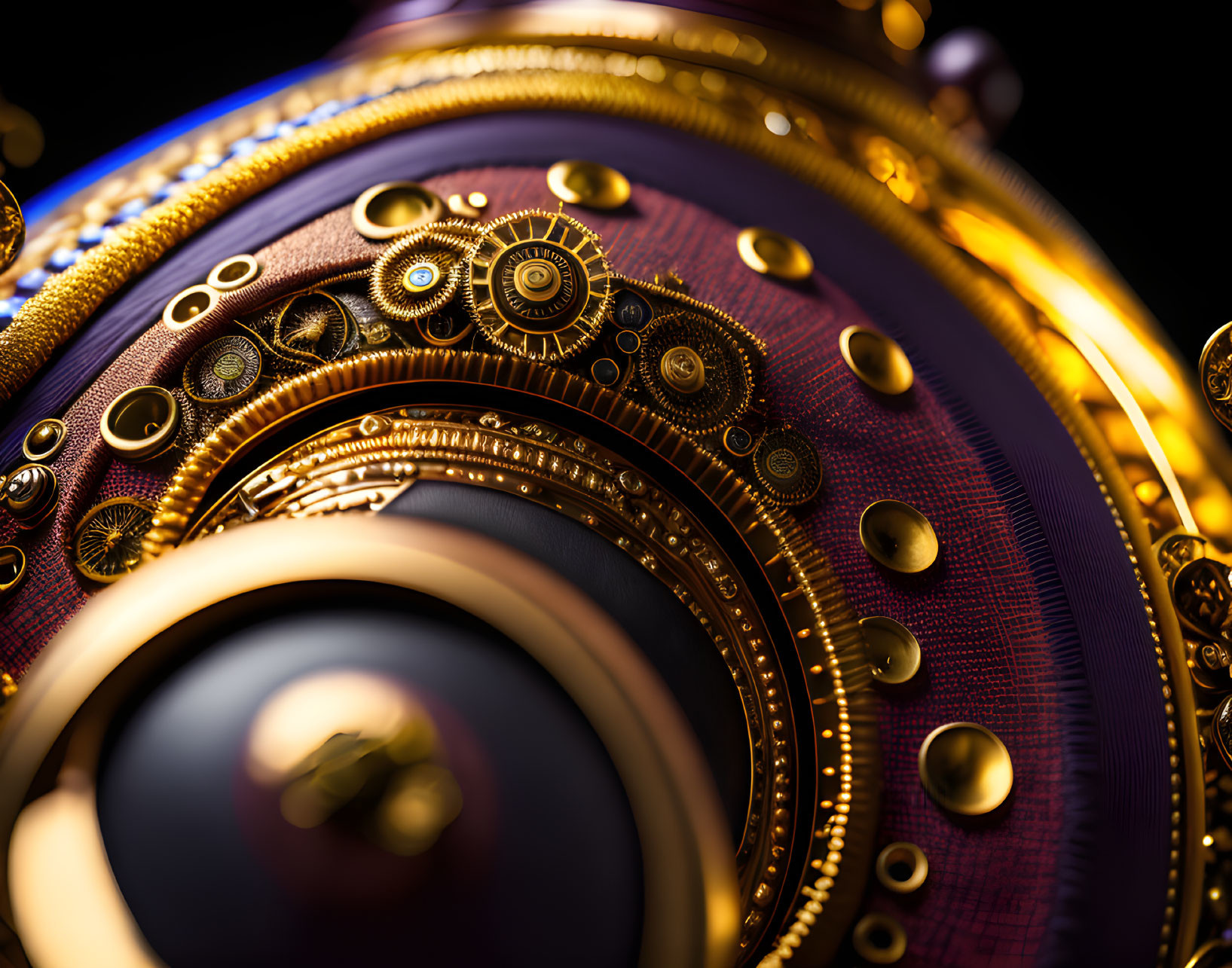 Luxurious golden gear adornment on purple background with black sphere