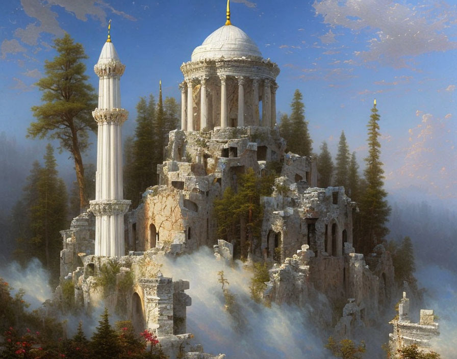 Fantasy digital artwork: Ancient ruin with dome and minaret in misty forest