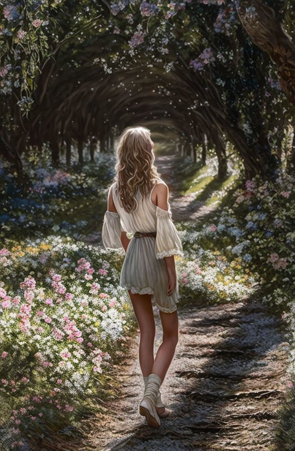 Woman in light dress strolling on flower-lined path under tree tunnel