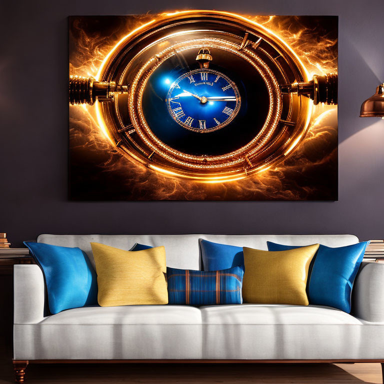 Modern Living Room with White Sofa, Blue and Yellow Pillows, and Imaginative Clock Wall Art