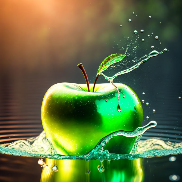 Fresh green apple with water droplets on blurred warm background