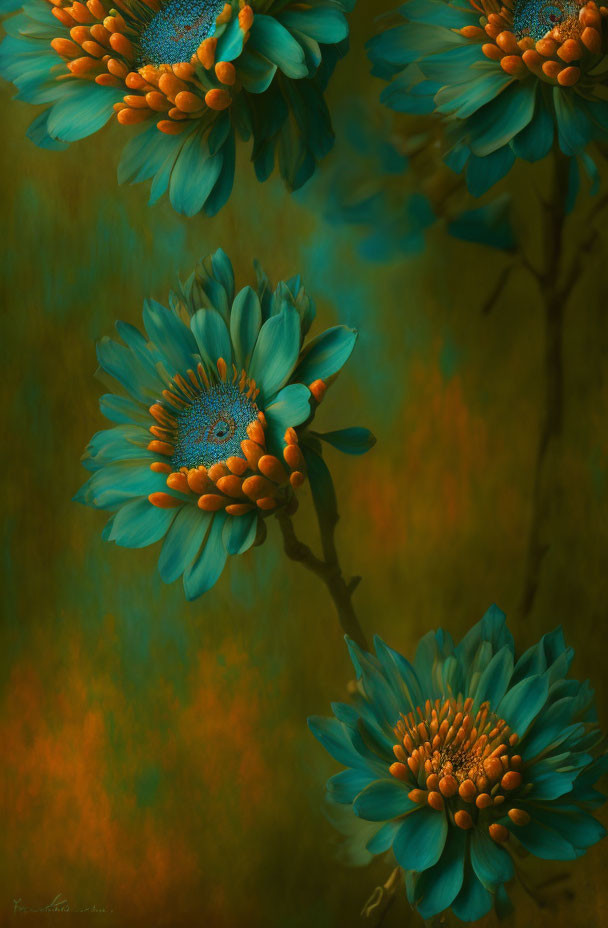 Vibrant turquoise flowers on warm orange and green gradient background