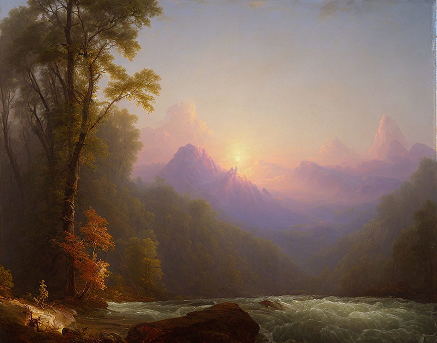 Scenic landscape painting of sunrise over mountains and river