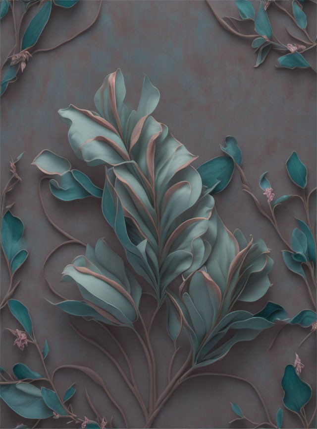 Stylized 3D Botanical Elements in Teal and Green on Brown Background