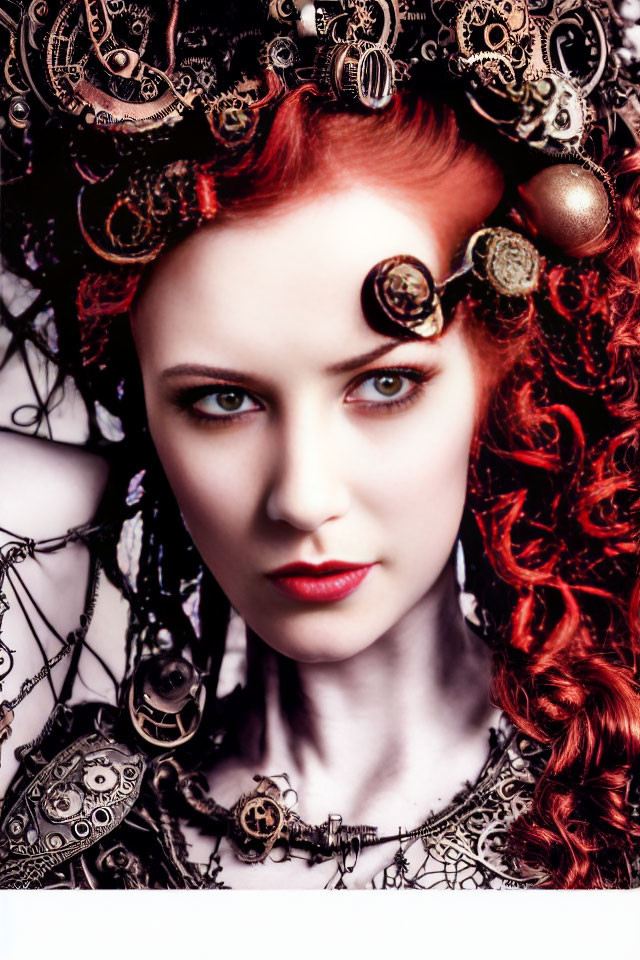 Vivid red-haired woman with steampunk-style accessories and bold gaze