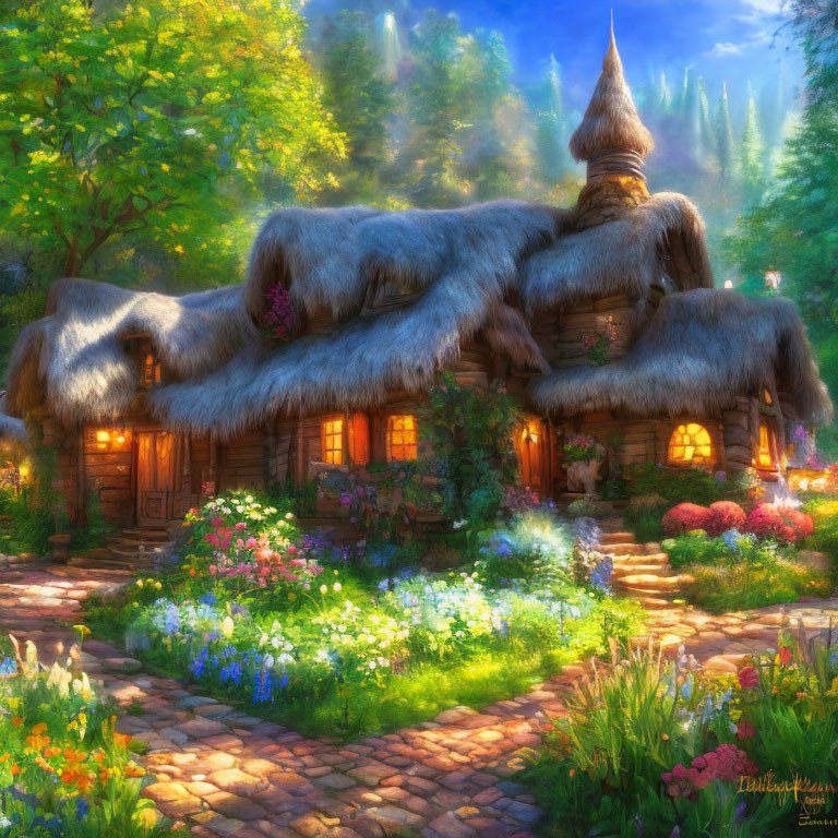 Magical Thatched-Roof Cottage in Enchanted Forest