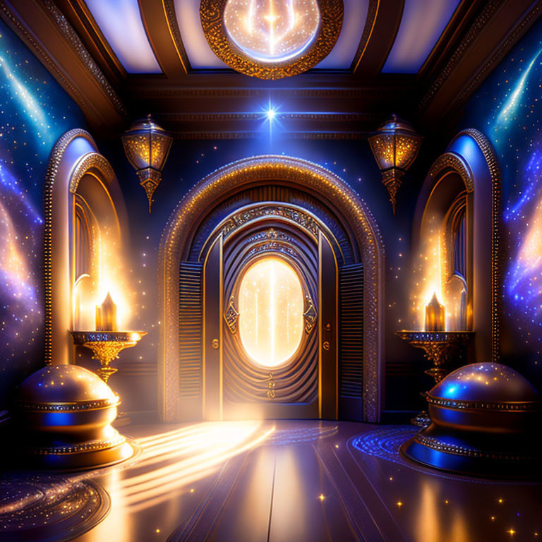 Mystical room with starry night sky motif, glowing orbs, golden doors, and warm wall