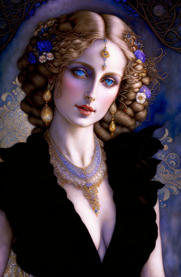 Curly Blond-Haired Woman Portrait with Blue Eyes and Ornate Jewelry on Dark Blue Background