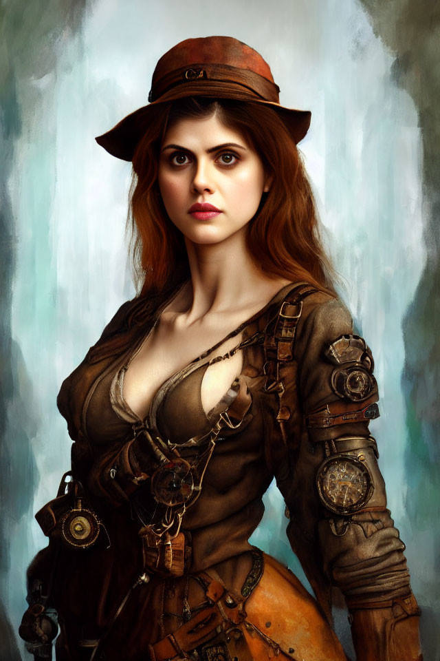 Steampunk-themed digital art of a woman in leather corset and hat