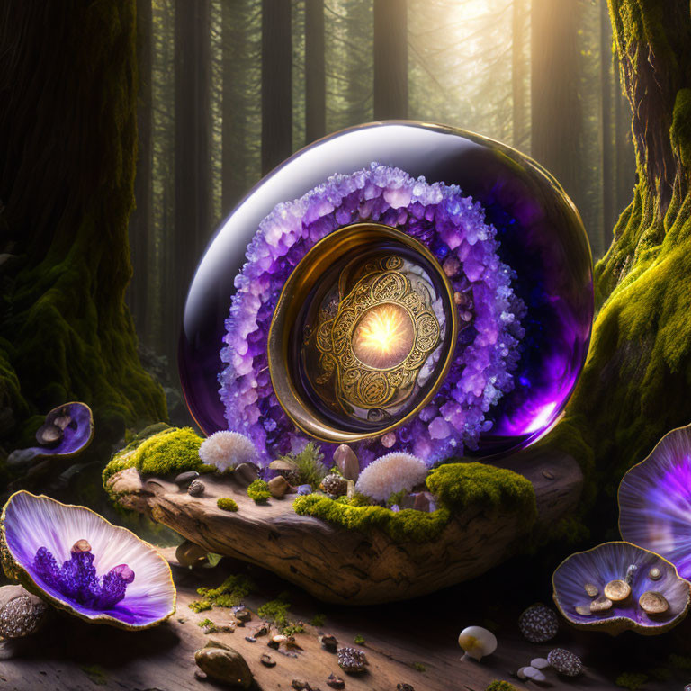 Mystical illuminated geode in forest setting with crystals