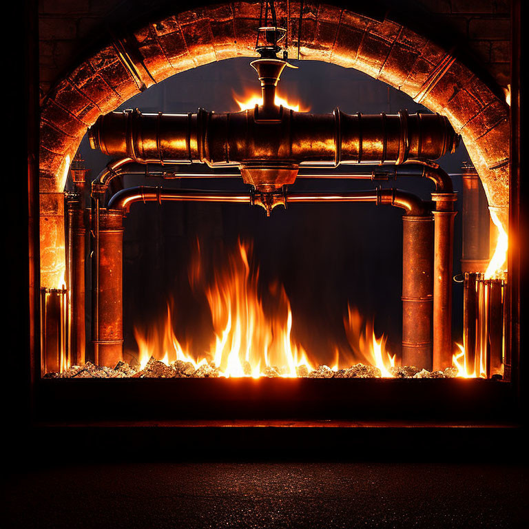 Metal pipe industrial fireplace with fierce fire against dark brick background