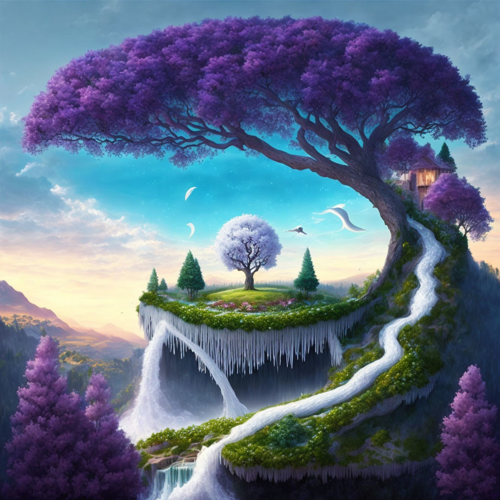 Fantastical landscape with purple trees, floating island waterfall, and small house