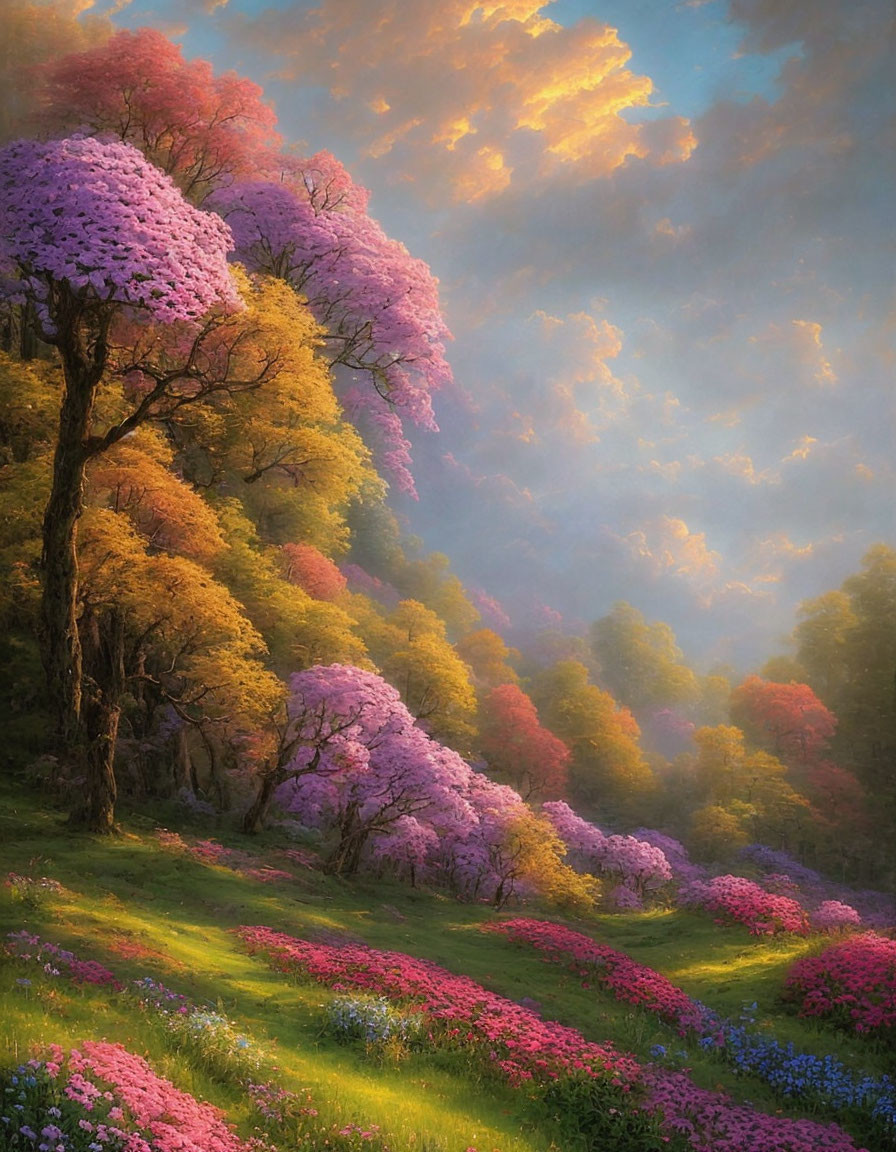 Vibrant meadow with blooming purple and pink trees under warm sky