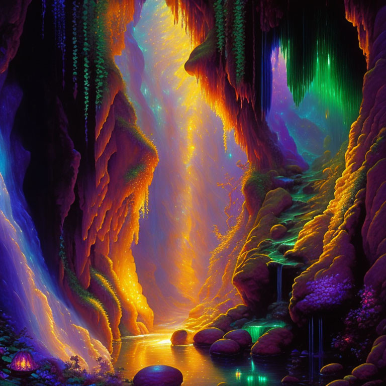 Colorful Cave with Waterfalls and Glowing Flora in Fantasy Landscape