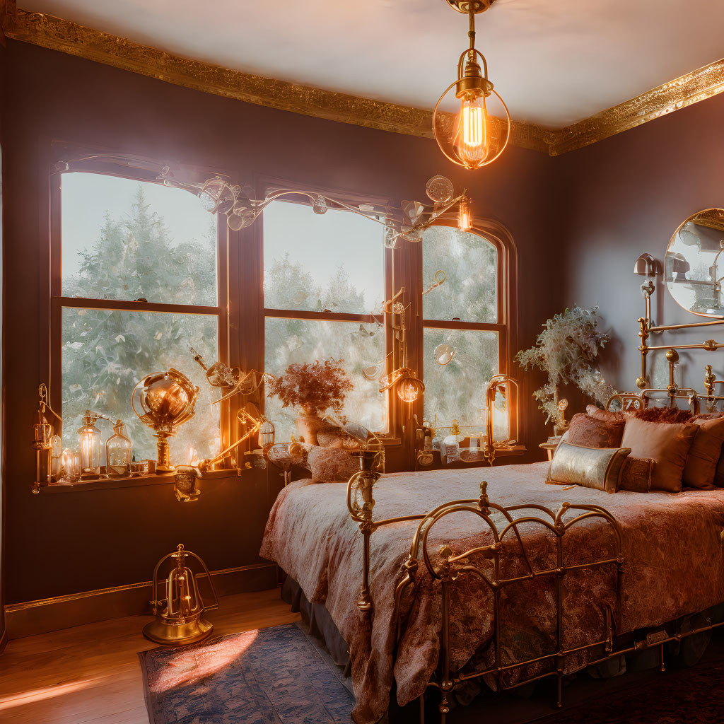 Vintage iron bed with warm lighting & glass terrariums in cozy bedroom