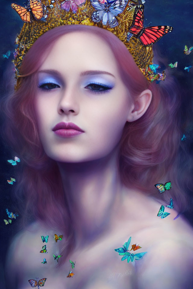 Portrait of Woman with Pink Hair and Butterfly Crown in Mystical Setting