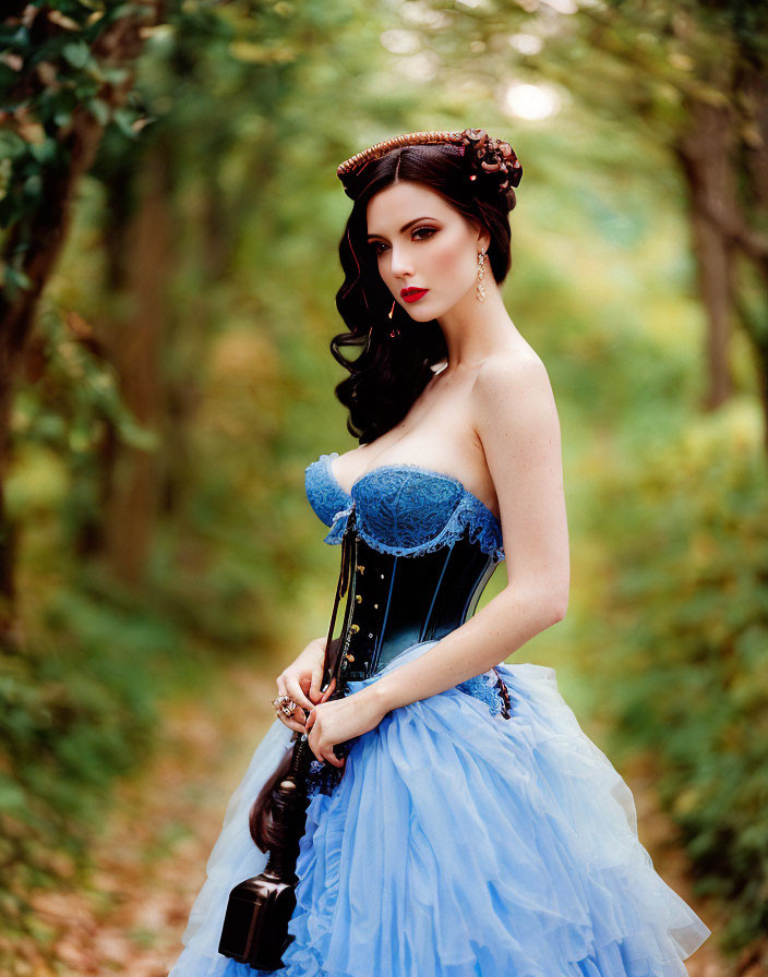 Woman in Blue Corset Dress with Floral Headpiece in Forest Setting