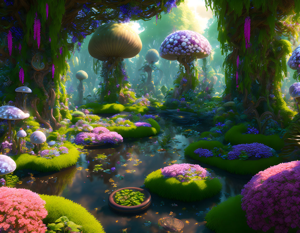 Colorful Fantasy Forest with Oversized Mushrooms and Serene Stream