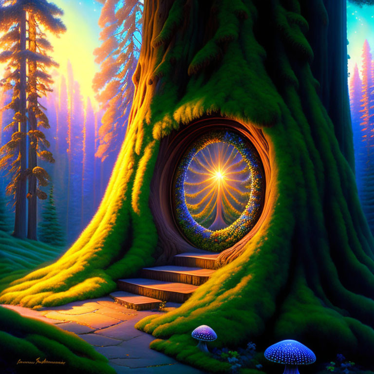 Mystical tree with glowing portal in lush forest at sunset