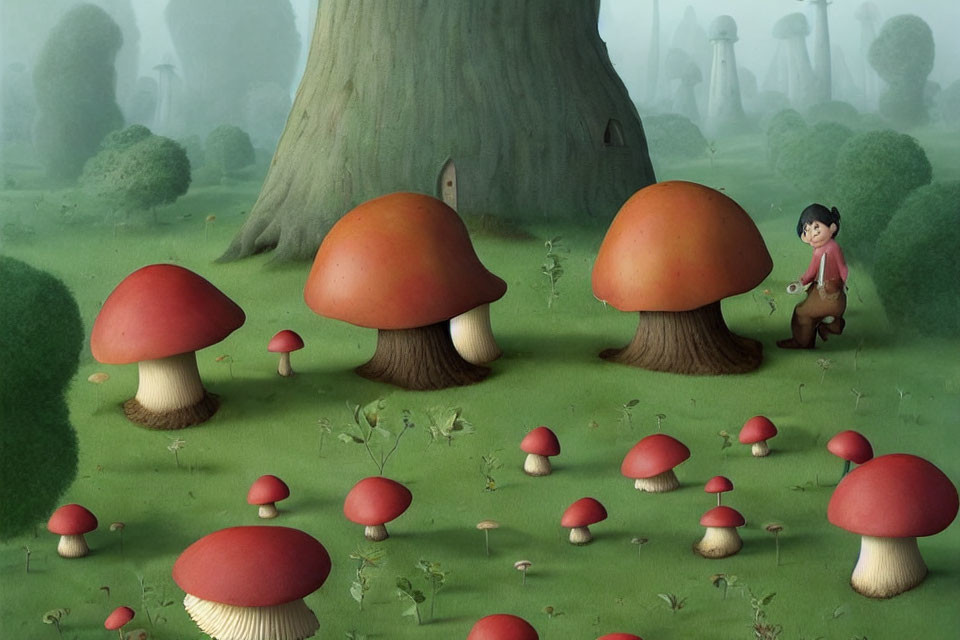 Illustration: Person under oversized mushrooms in lush forest setting