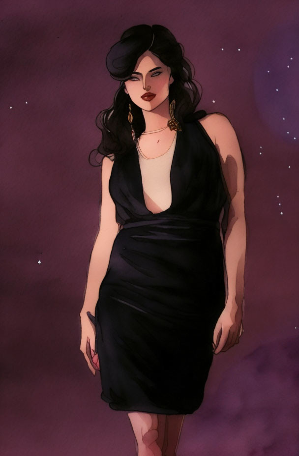 Illustrated woman in black dress with red lipstick on purple background