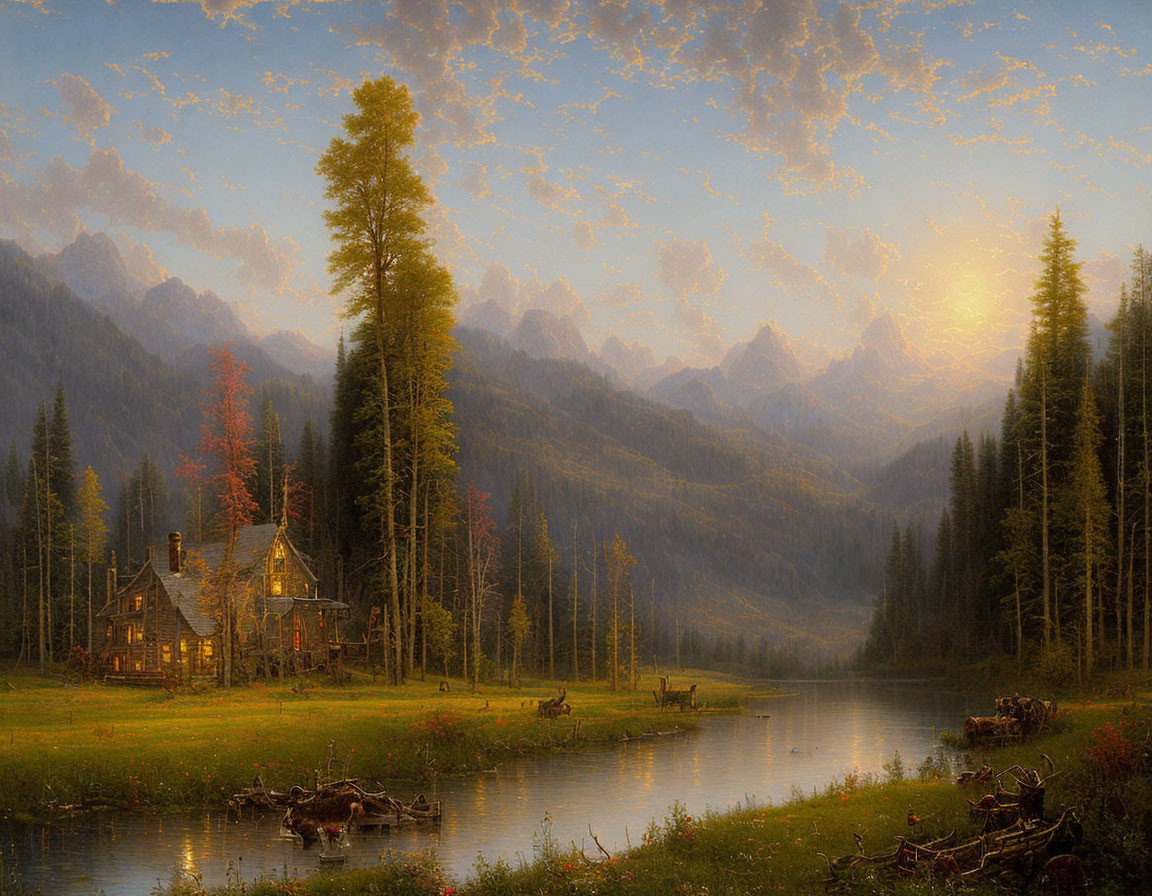 Tranquil river cabin with deer, trees, and mountains at sunset