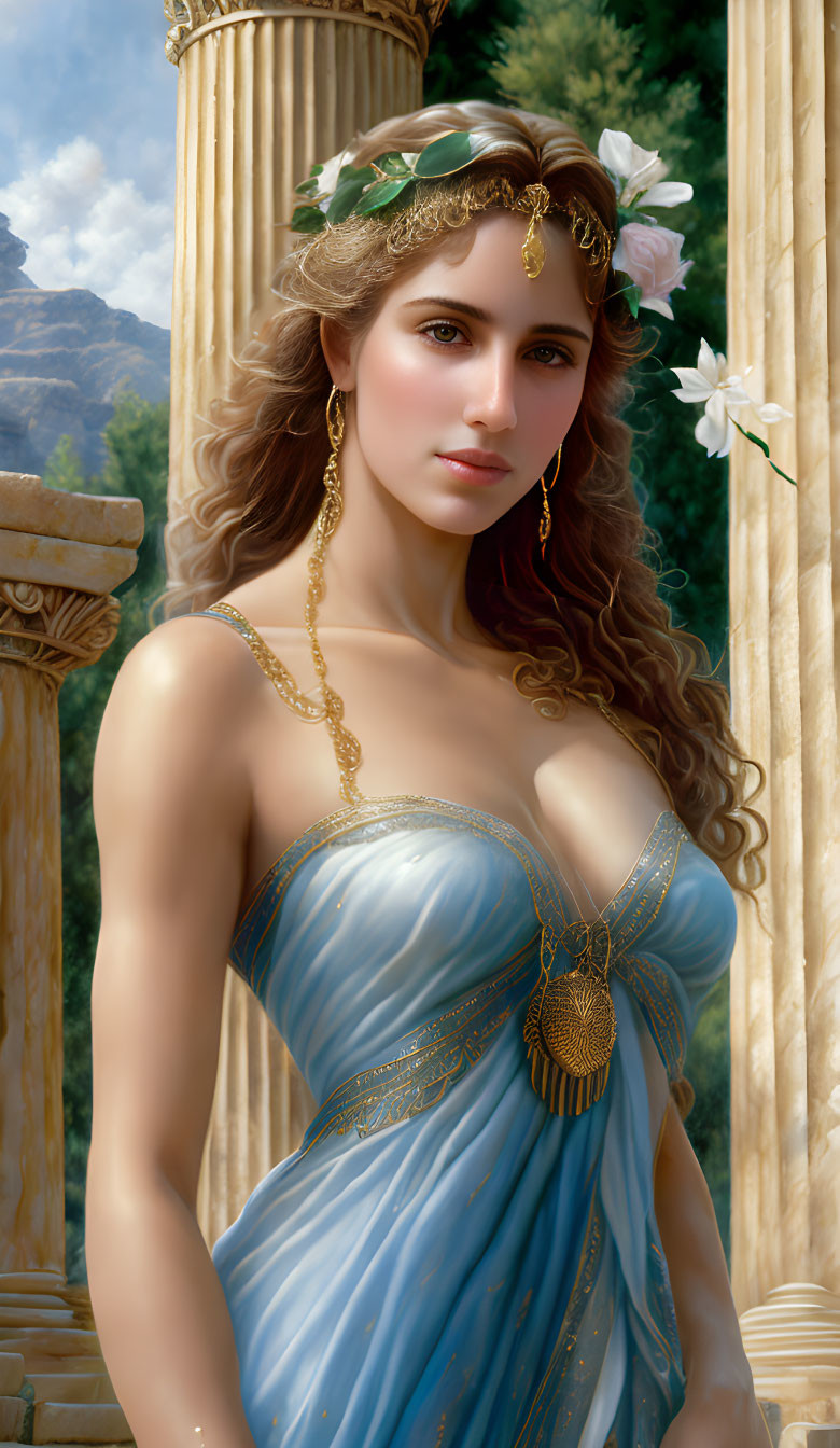 Classical beauty depicted in woman with golden headpiece and blue dress against ancient columns and mountains.