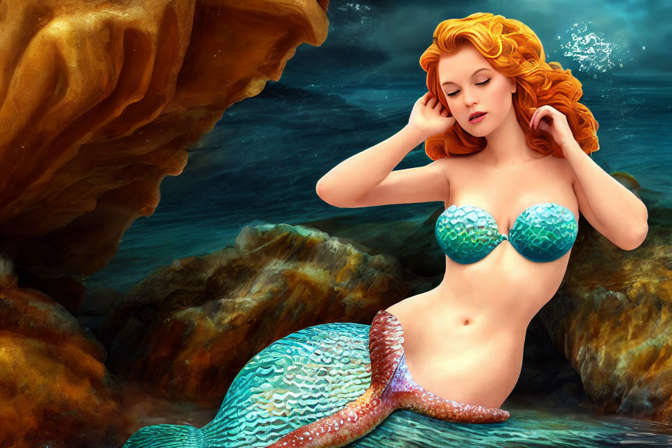 Red-haired mermaid with green tail on rocks by the sea, touching hair