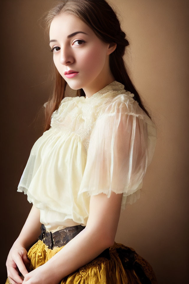 Young woman in vintage attire with subtle smile on warm-toned background