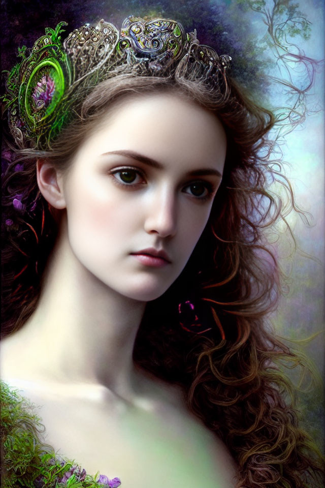 Young woman with curly hair wearing ornate crown in dreamy portrait