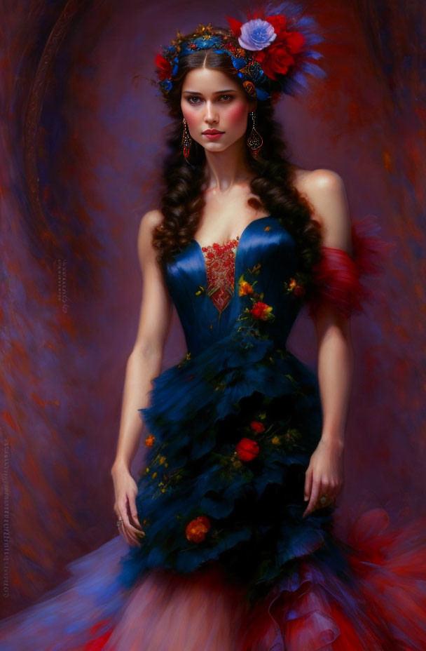 Elegant woman in blue floral dress against red backdrop