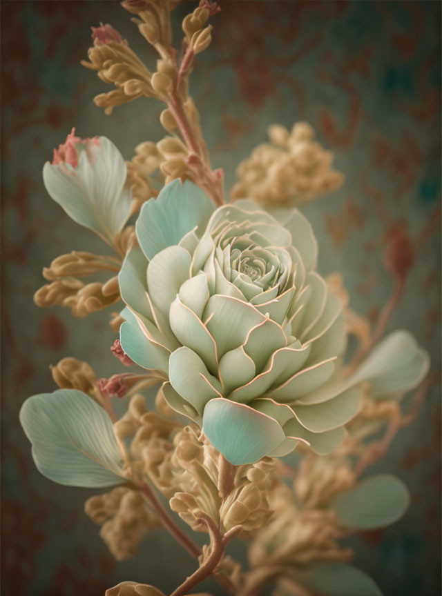 Succulent with layered petals and dried flowers on patterned backdrop
