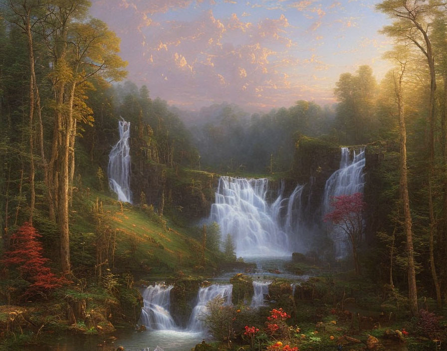 Tranquil landscape with multi-tiered waterfall and lush forests