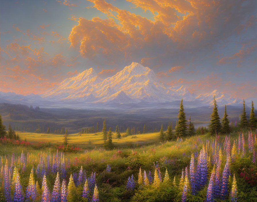 Majestic mountain under vibrant sunset sky in serene meadow