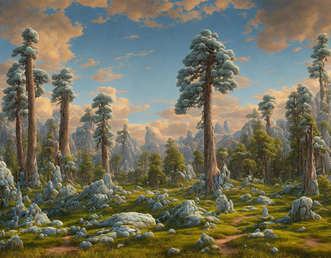 Tranquil pine tree landscape with meadow, rocks, and mountains