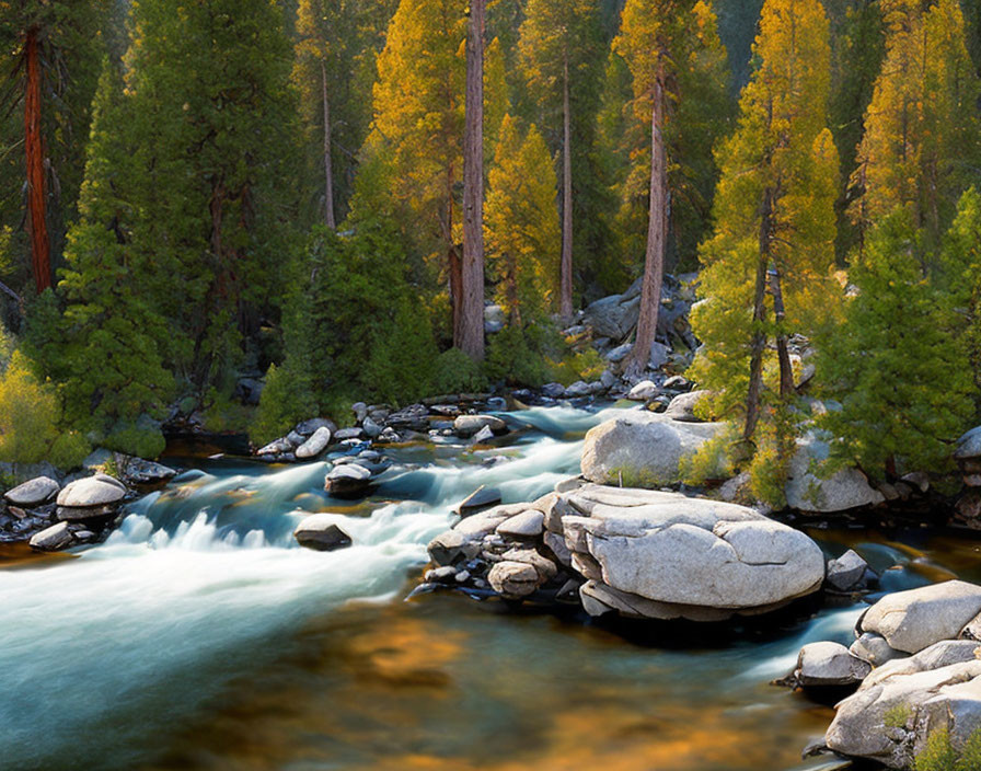 Tranquil river in forest with tall pine trees and rocks reflecting sunlight